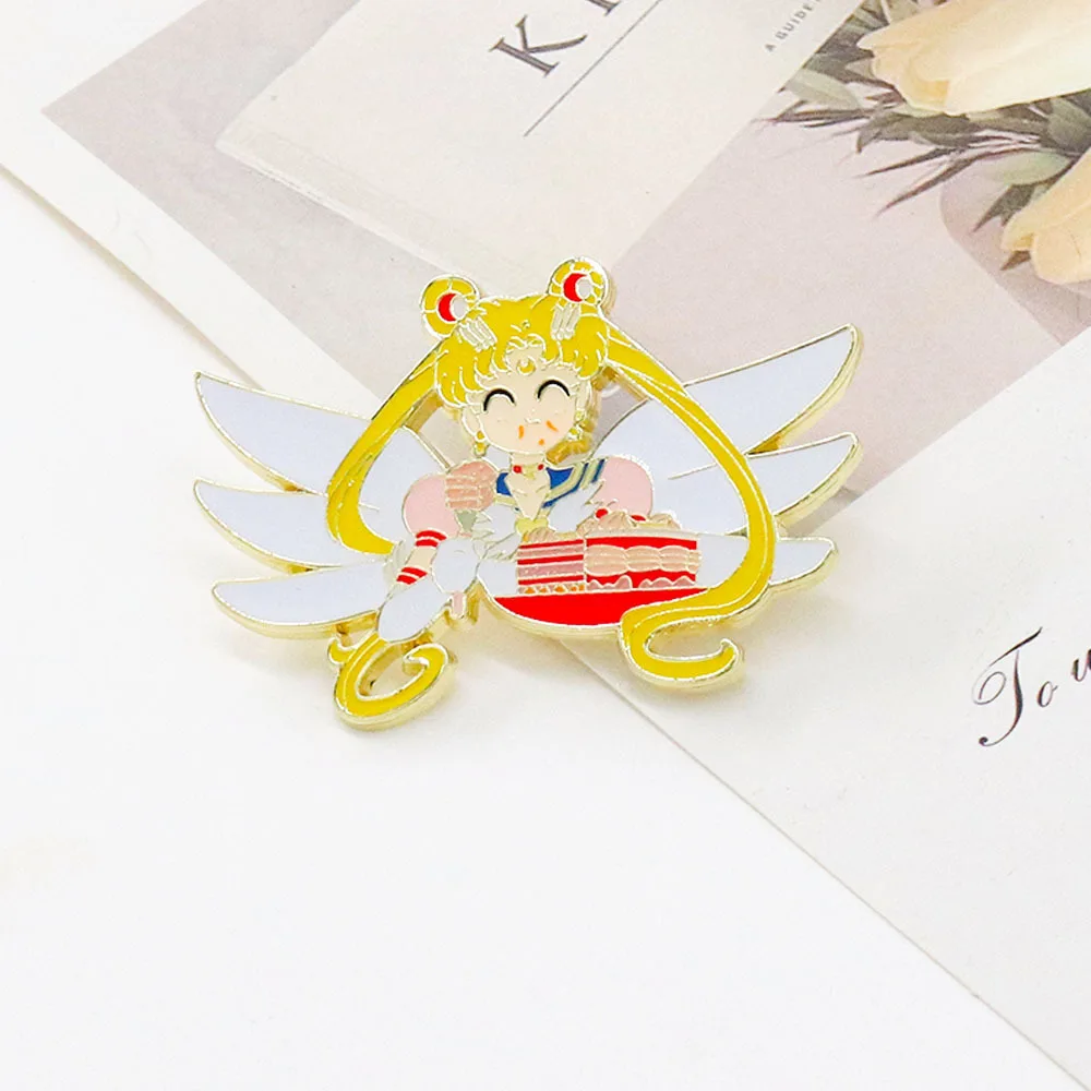 Cartoon meisje eten taart Anime emaille pin schattig rollenspel broche rugzak kraag decoratie