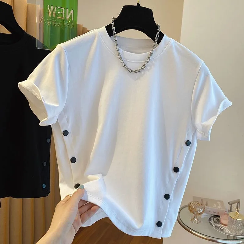 Neploe 2024 Summer New Button Split O-neck T-shirts Y2k Short Sleeve Loose Tee Shirt Fashion High Waist White Tops Women