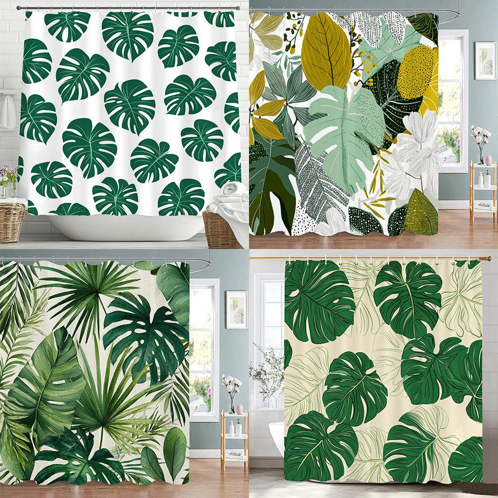 

Зеленые растения и листья, занавеска для душа с тропическими листьями, декоративная занавеска для ванной комнаты, тканевая занавеска с принтом для дома с крючками