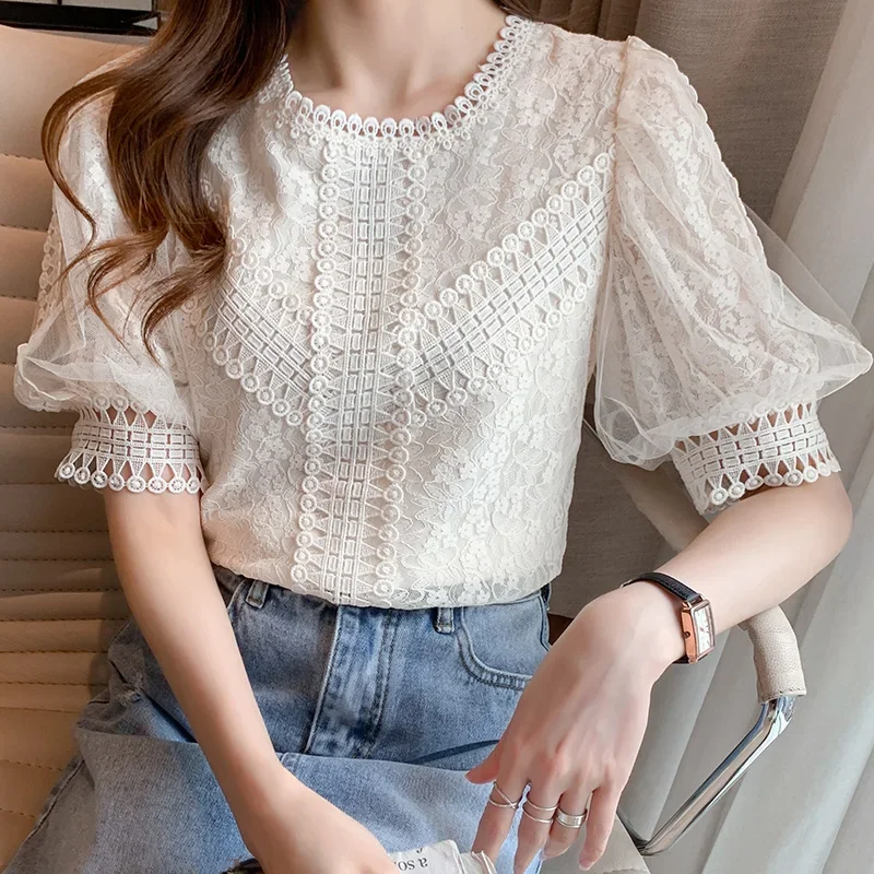 Clothing Femme 2021 Summer Short Sleeve Hollow Out Loose Lace Women's Top Dropshipping Blusas Mujer Female Shirt Blouses 0654