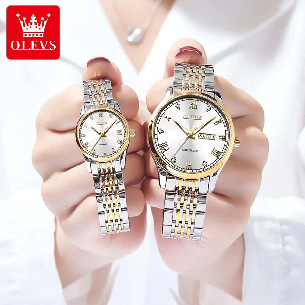 OLEVS Luxury Brand Couple Watch for Men Women Automatic Mechanical Wristwatch Waterproof Stainless Steel Lover's Watches Gifts