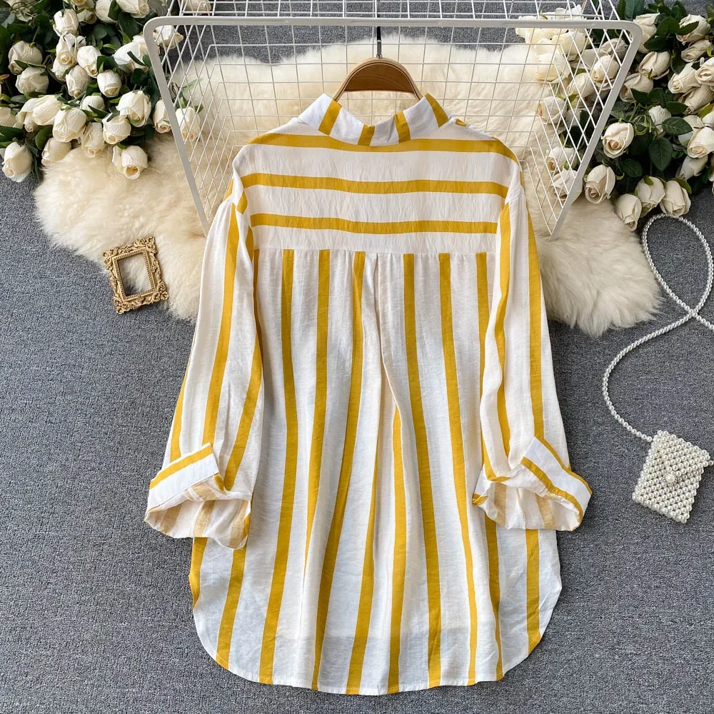 Office Lady Casual Loose Long Shirt Women Spring Summer Fashion Blouse Striped Overshirt Female Dropshipping Cheap Wholesale