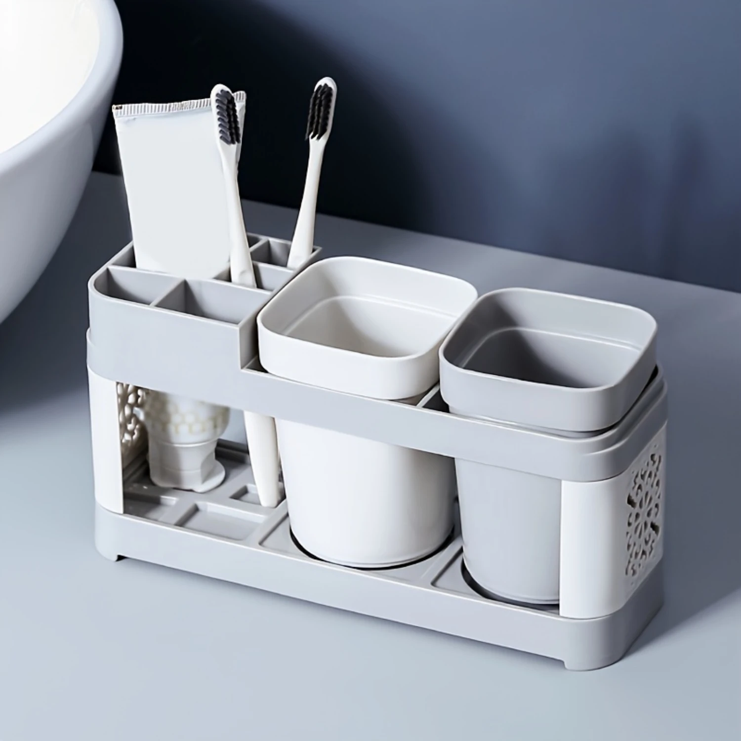 1 Set, Toothbrush Holder Toothpaste Holder Stand Set, Toothbrush  Rack, Hollow Design Drain Save Space Bathroom Wash Cup Shelf