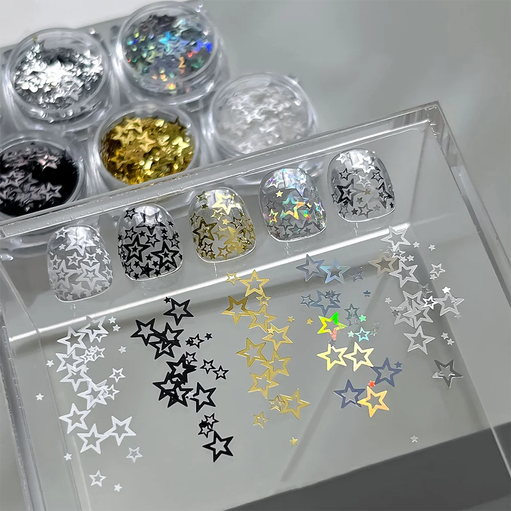 Metallic Hollow Out Star Nail Sequins Holo Laser Star Glitter Flakes Mixed Size Gold Silver Black Hollow Star Nail Charm for DIY