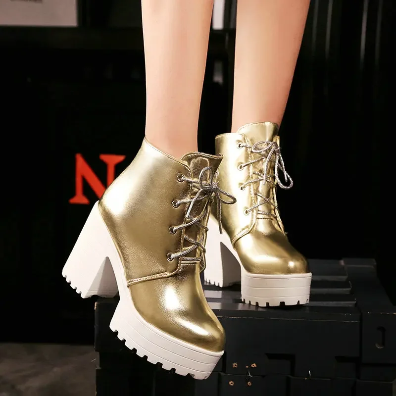 Womens Ankle Boots Gold Silver Block High Chunky Heels Lace Up Western Cowboy Booties  Combat Boots for Women