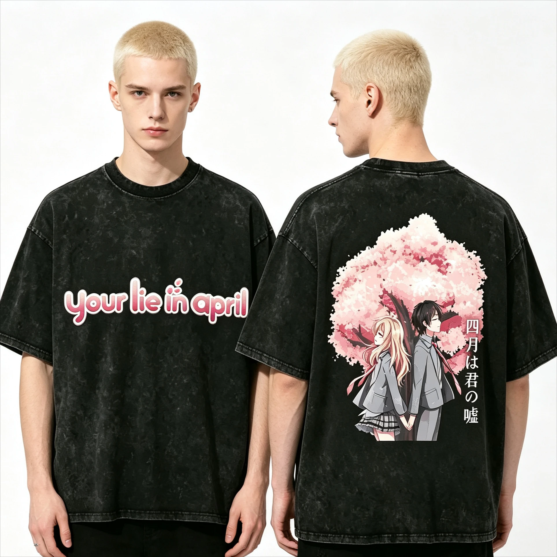 Summer Hot Sale Your Lie in April Cherry Blossom Couple Double Sided Vintage Washed Anime T-Shirt Y2K Unisex Printed T-shirt