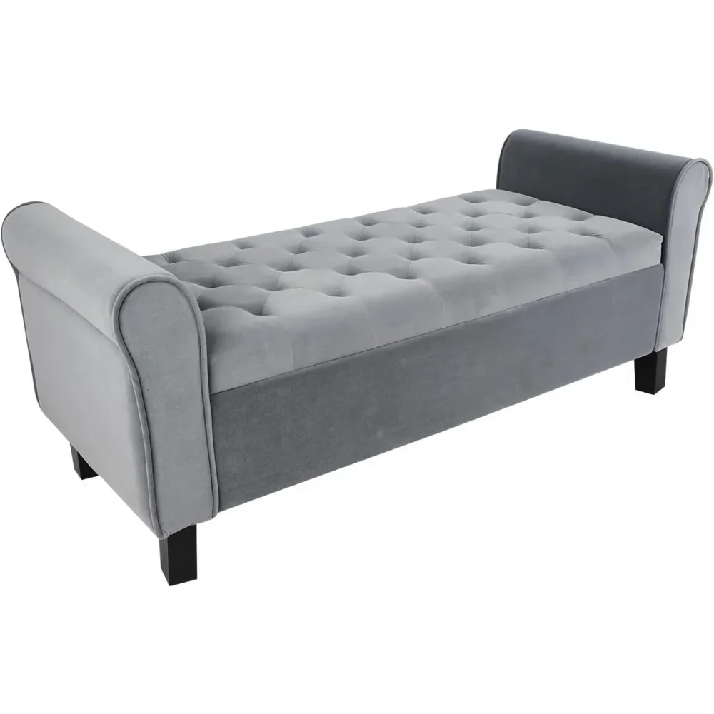 End of Bed Storage Bench with Upholstered, Rolled Arm Window Bench Seat with Solid Wood Legs