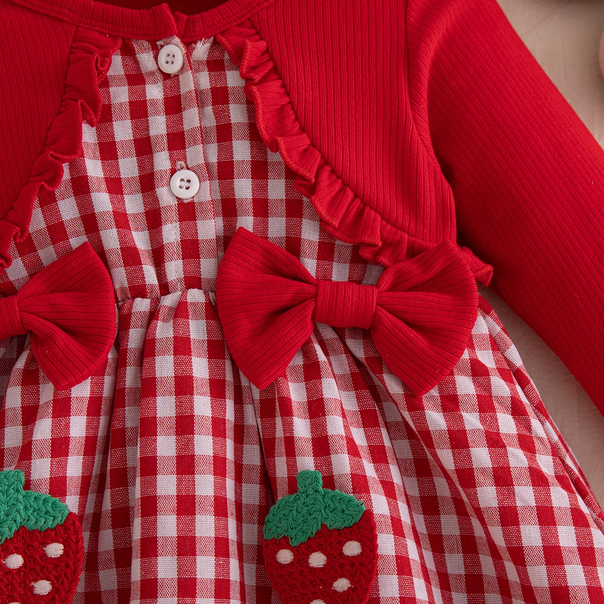 Frühling Herbst Baby Mädchen Rotes Kariertes Kleid mit Erdbeer-Stickerei und Schleife Langarm-Kleid für Mädchen Festliche Partykleidung – Detail 8