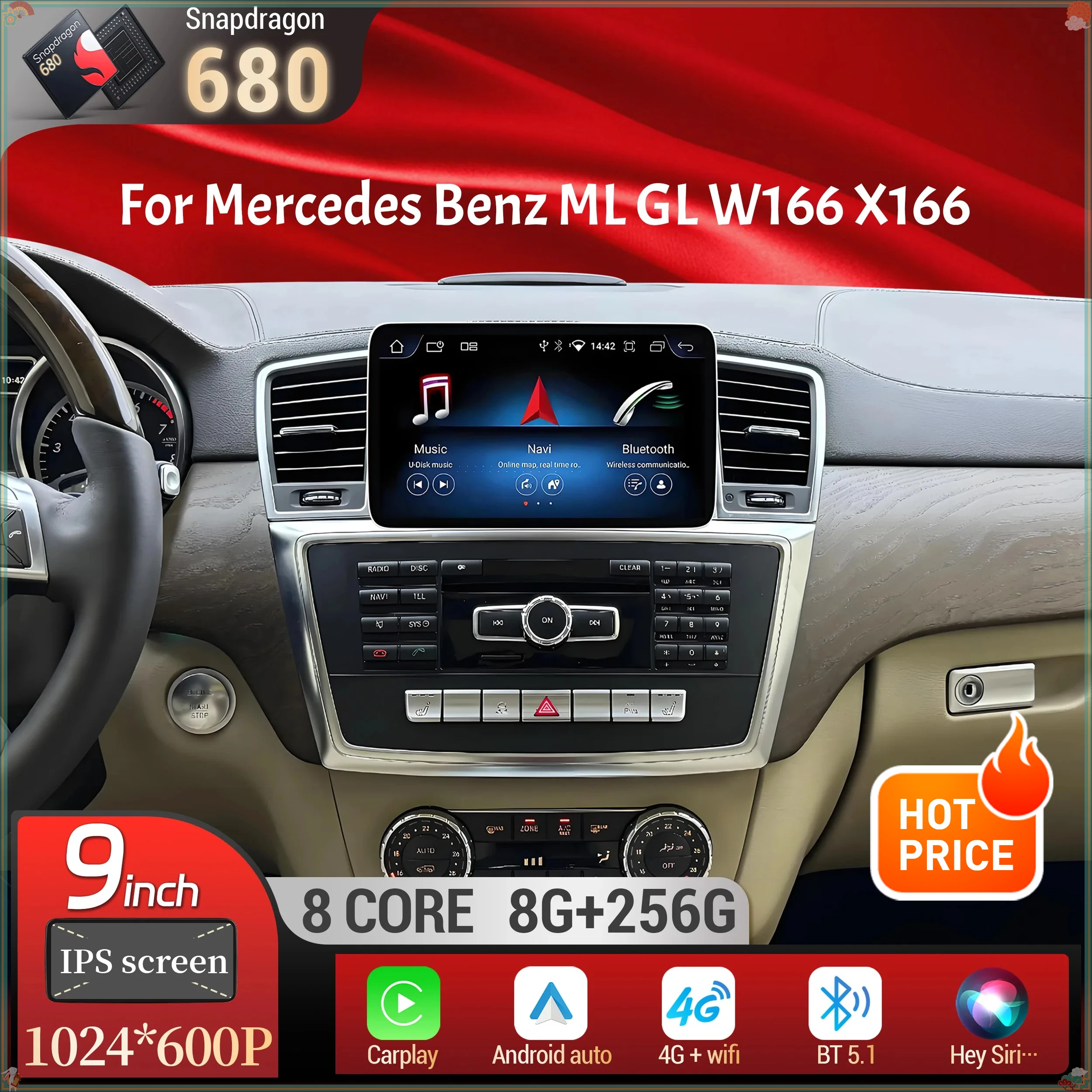 9 inch Android 14 Wireless Bluetooth Carplay Head Unit Qualcomm Snapdragon 680 Screen Stereo For Mercedes Benz ML GL W166 X166