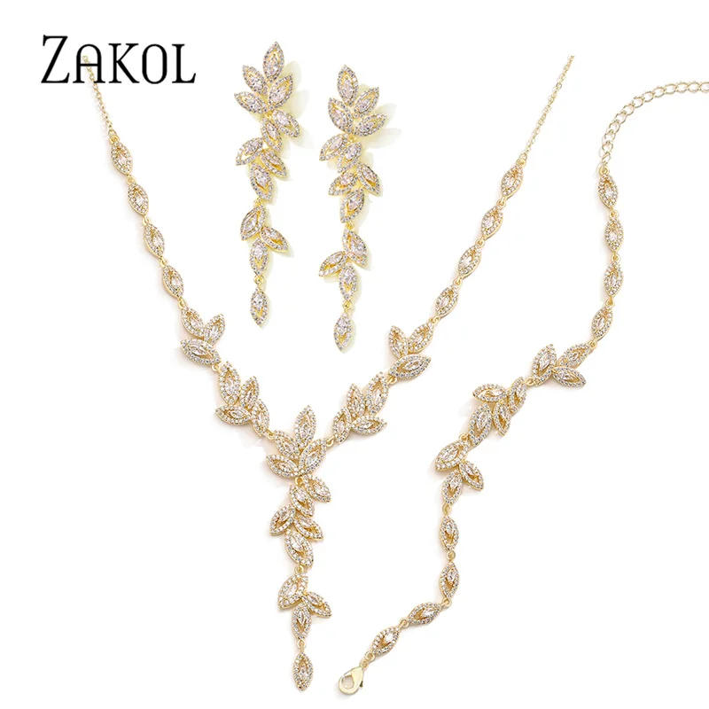 ZAKOL Luxury Gold Color Leaf Bridal Wedding Jewelry Sets for Women Marquise Zircon Earrings Necklace Bracelets Set