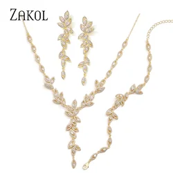 ZAKOL Luxury Gold Color Leaf Bridal Wedding Jewelry Sets for Women Marquise Zircon Earrings Necklace Bracelets Set