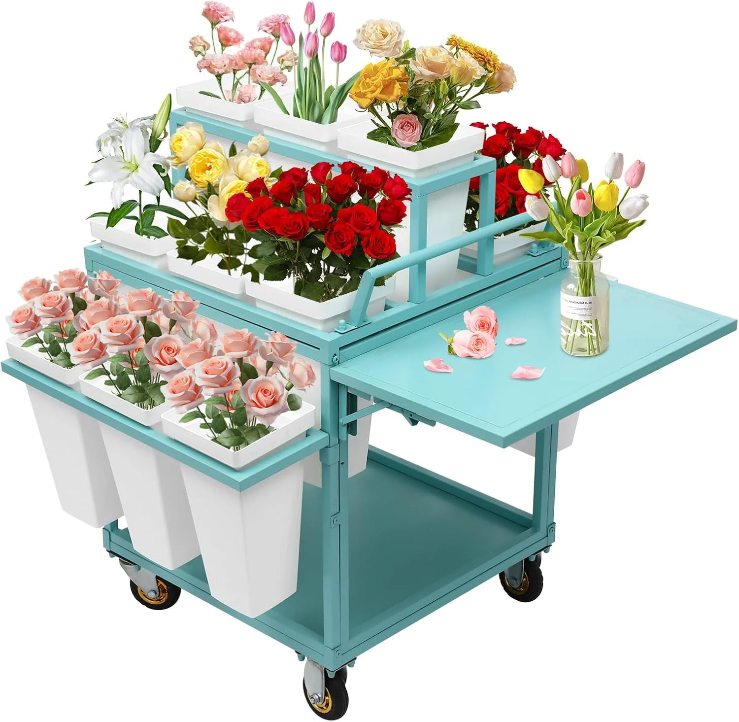 Heavy Duty Home Storage Flower Display Stand with Wheels Mobile Florist Bouquet Shelf for Indoor Outdoor Patio Garden Livingprom