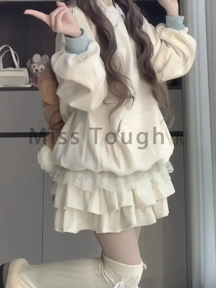 Winter Korean Preppy Style Kawaii Two Piece Set Women Cute Warm Tops + Cake Skirt New Design Fashion Sweet Casual Slim Suit 2024