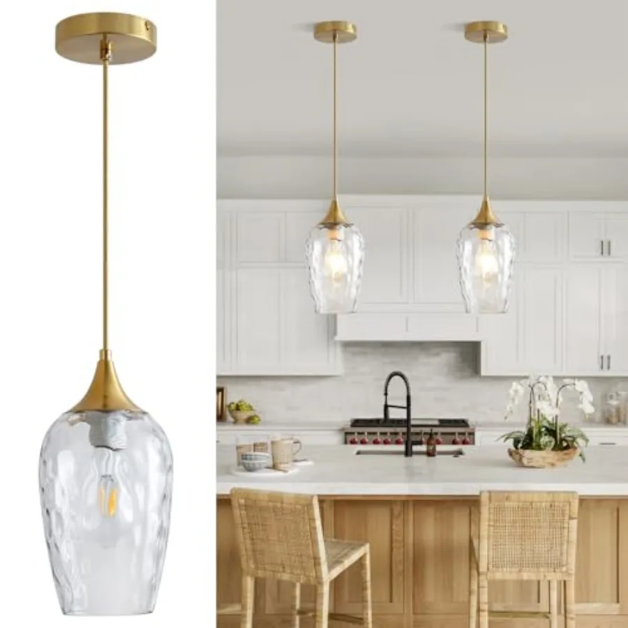 Glass Pendant Lights Kitchen Island Gold Pendant Light Fixtures with Hand-Blown Clear Glass Modem Farmhouse Hanging Light for K