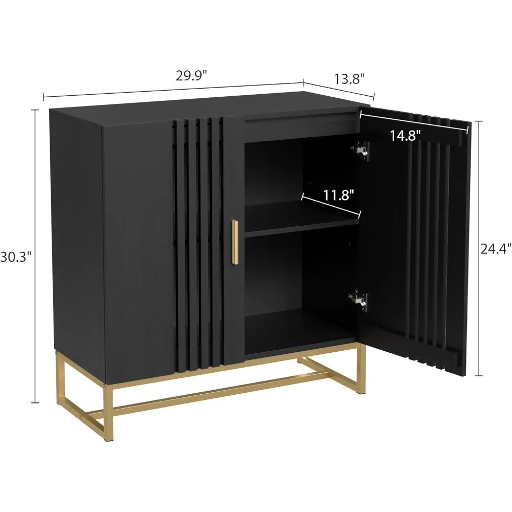 Fluted Storage Cabinet, Credenza with Hollow Slat Door, Modern Buffet Cabinet with 2 Doors & Adjustable Shelves, Accent Fluted C