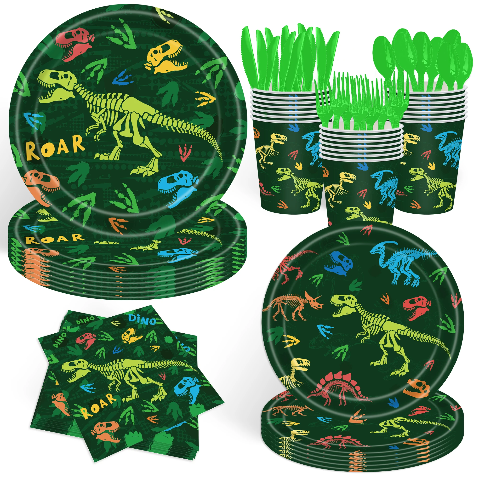 Green Dinosaur Fossil Pattern Disposable Tableware Paper Plates Cups Napkins Banner Kids Boys Birthday Party Decoration Supplies