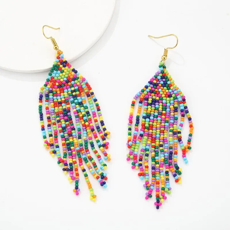 

Rice bead earrings Mixed colours Tassel Hand-woven Vintage Minimalist Bohemian Alloy Women Beaded earrings