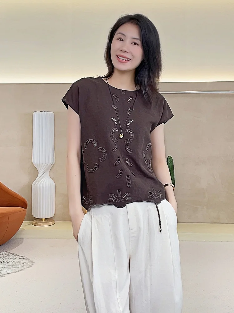 

Mayya plus Malt Hollow Embroidery round Ne Svel irt Women Summer Loose Silk Top Vintage Commute Sle Slim...