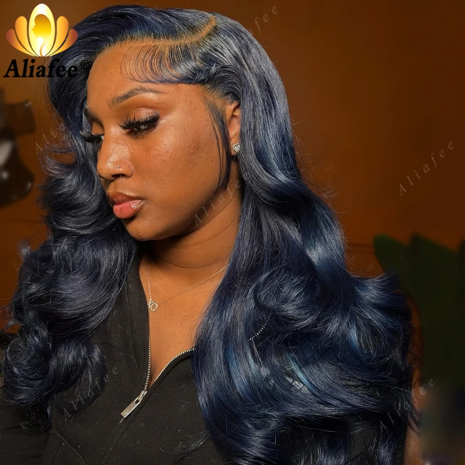 

Black Blue 13x6 Pre Plucked Body Wave Wigs 100% Human Hair for Women 13x4 Lace Frontal Wigs 200% Density Night Blue Colored Wig