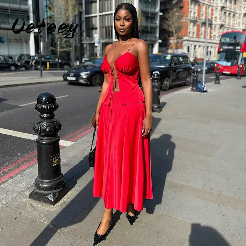 

Ueteey Red Sexy Two Piece Skirt Sets for Women Sexy Sleeveless Bandage Top + High Waist Skirts Female Summer Streetwear Outfits