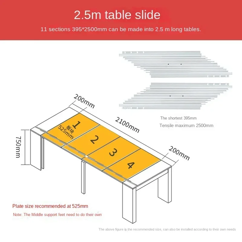 1.8/2.5M Invisible Dining Table Telescopic Guide Rail Aluminum Alloy Multi-Function Folding Extended Push-Pull Rail