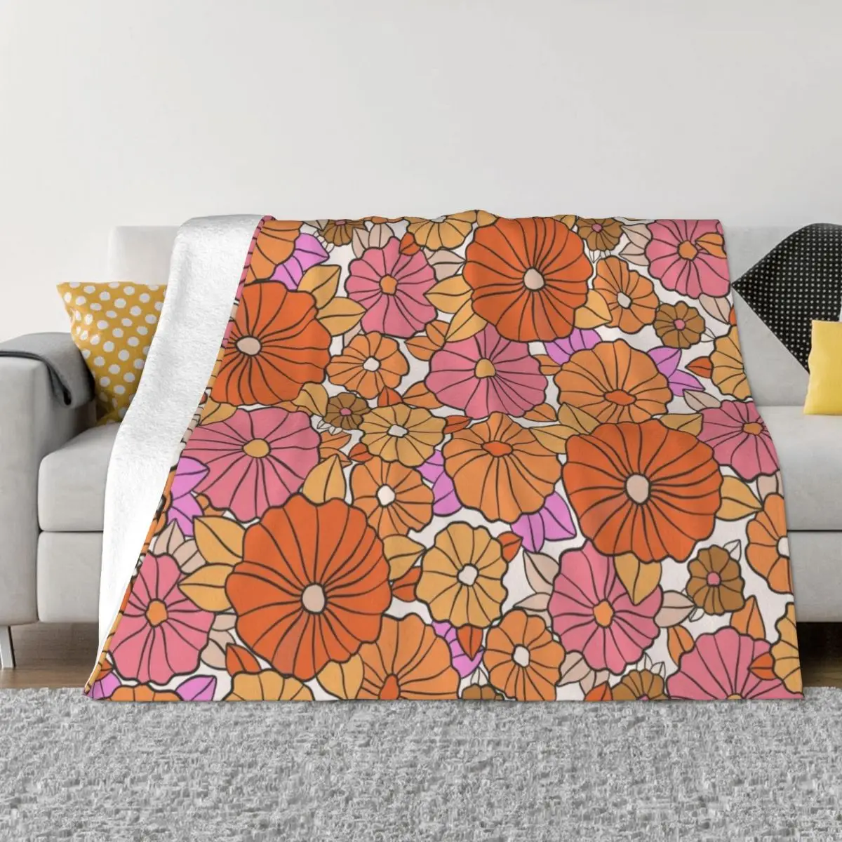 

1960s Vintage Retro Orange Pink Yellow Mod Daisy Flower Power Floral Throw Blanket Plaid on the sofa for sofa Blankets