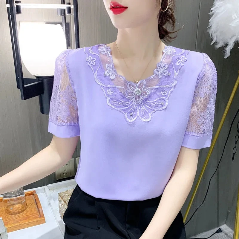 Spring And Summer New Chiffon Shirt Ladies Short Sleeve Fashion Blouse Loose Joker T-shirt Ladies Slim Solid Color Simple Top