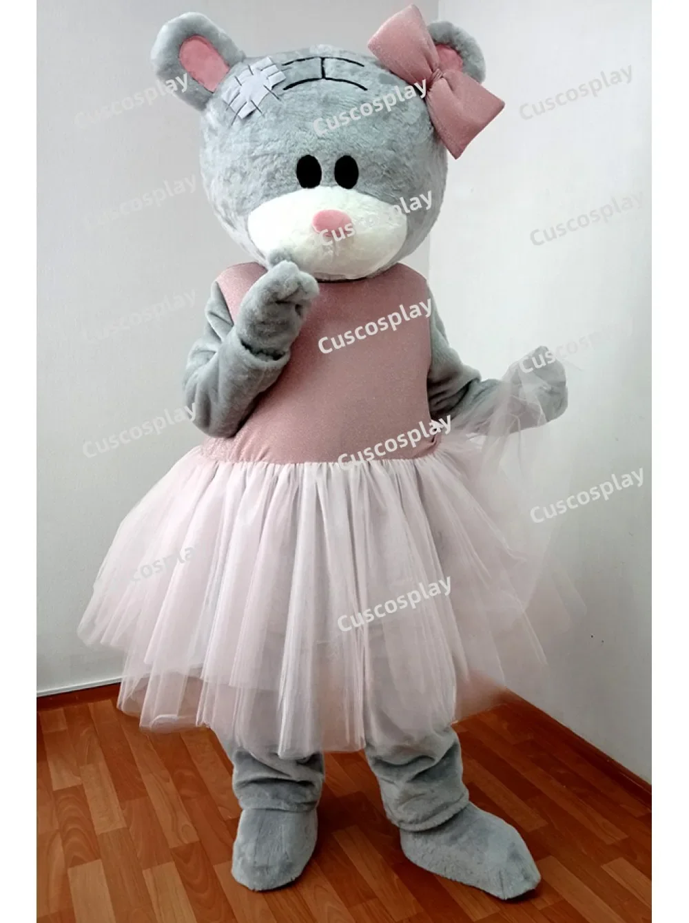 

Pink Dress Grey Teddy Bear Mascot Costume Anime Cosplay Christmas Halloween Carnival Party Events Christmas Gift