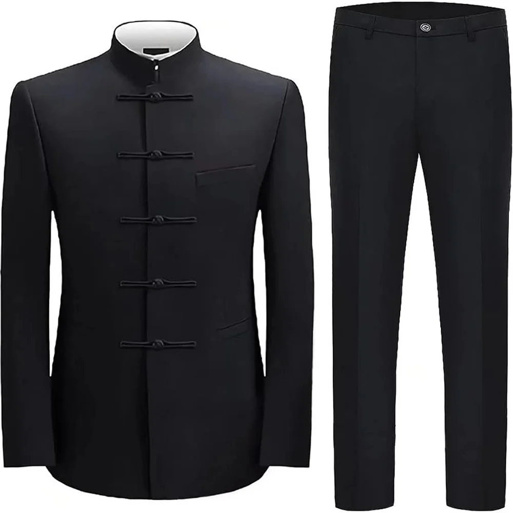 

Solid Black Suit Two Piece Slim Fit Stylish Coil Buckle Single Breasted Stand Lapel Business Formal Clothes Set Jacket Pants