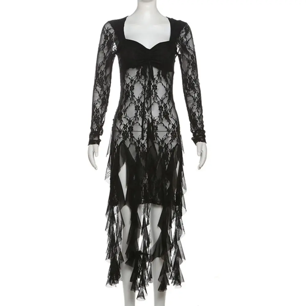 긴 소매 레이스 꽃무늬 드레스 러플 엣지 슬림 핏 플리츠 레이스 드레스 스파이시 걸 스타일 스위트 투명 드레스 여성 파티용