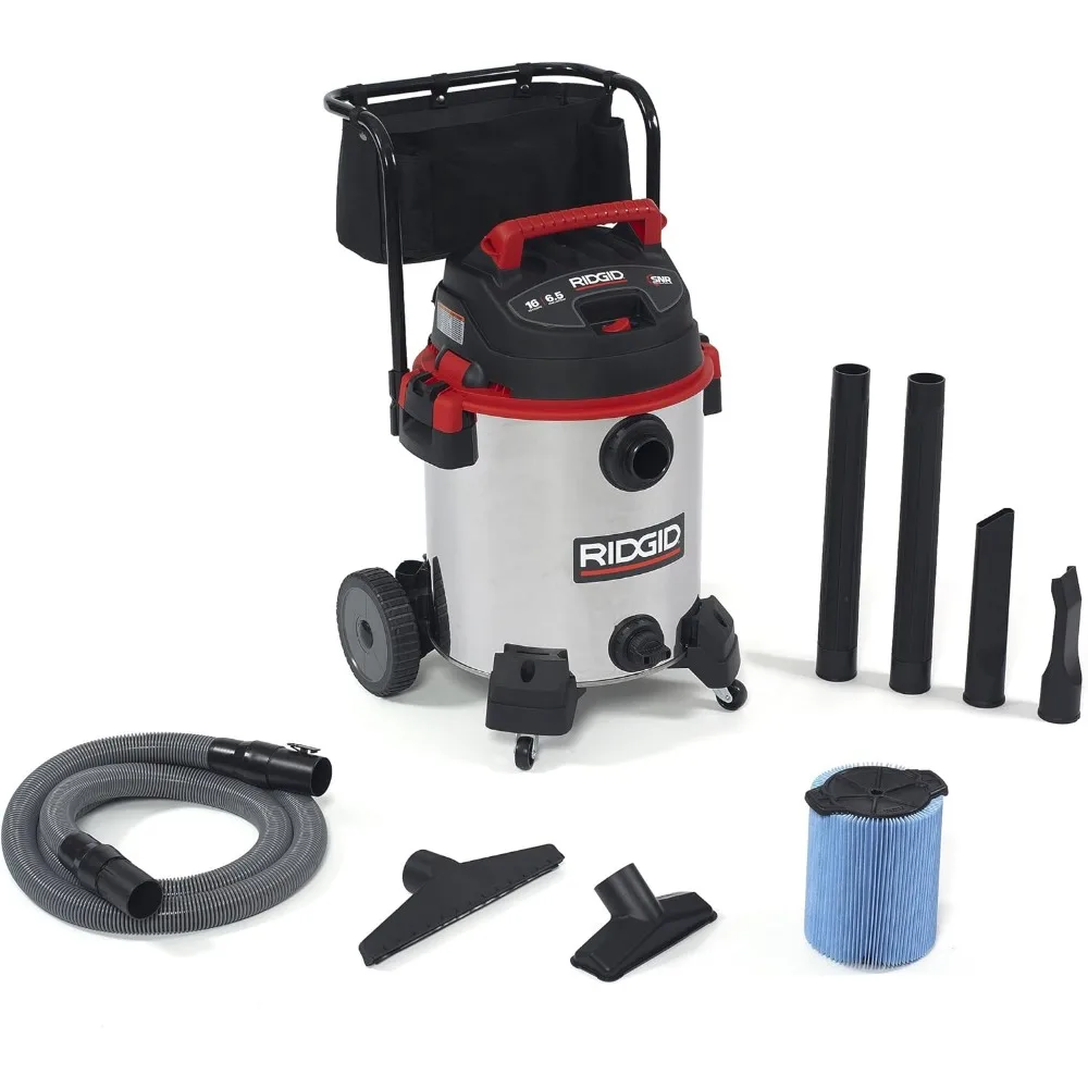 Aspirapolvere per negozi asciutti e bagnati in acciaio inossidabile da 16 galloni con carrello, motore da 6,5 HP, ruote grandi, tubo professionale, funzione di scarico