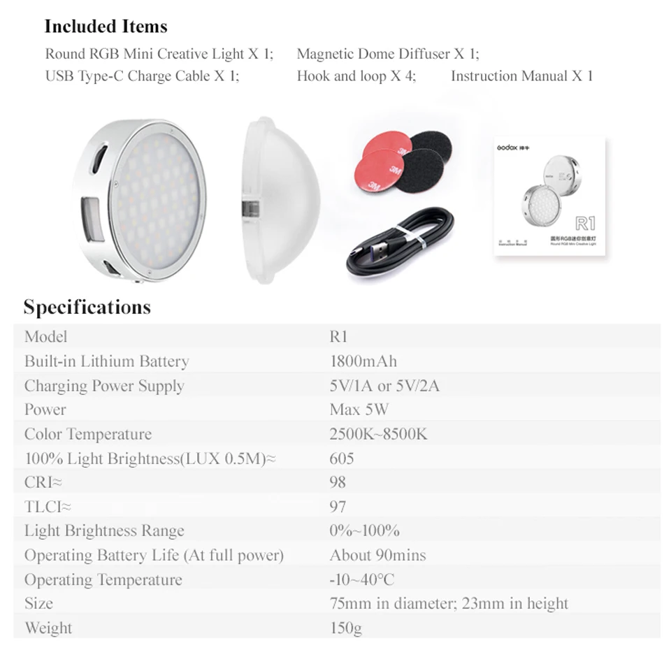 Godox R1 Okrągłe Mini Światło RGB z Kreatywnymi Efektami, Wbudowane 14 Efektów Specjalnych, 2500-8500K, Kieszonkowe Światło do Vlogów