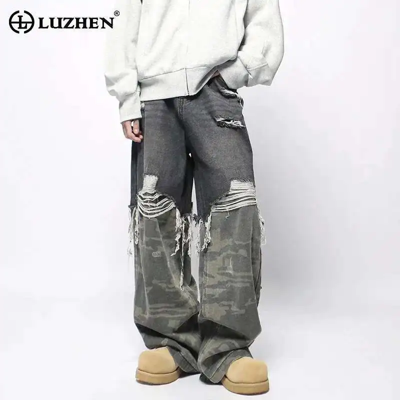 

LUZHEN 2025 New Personalized Camo Printed Broken Hole Splicing Design High Street Jeans Men Stylish Straight Denim Pants LZ9970