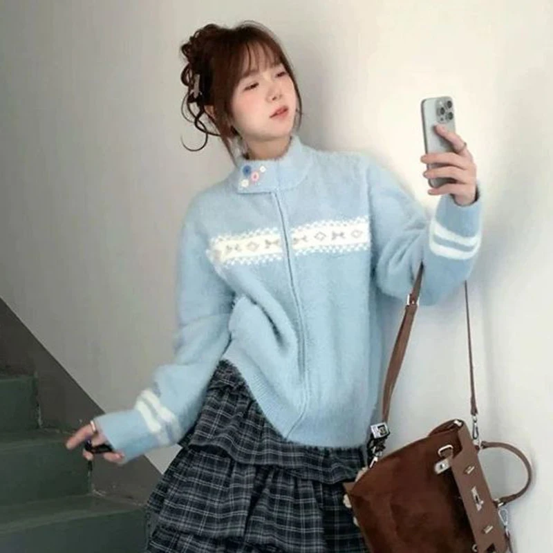 الأزرق خمر سترة متماسكة المرأة الحلو الجاكار زر المرقعة كم طويل سترة الوقوف طوق البريدي فضفاض بلايز الكورية عادية