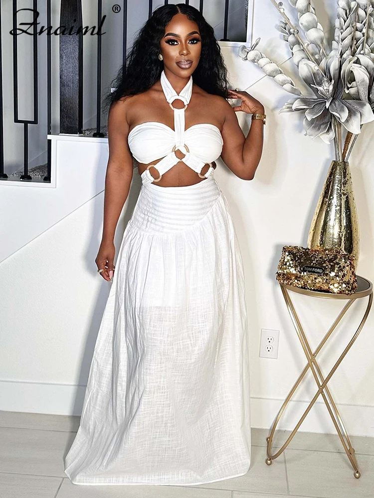 Znaiml Elegant Evening 2 Piece Dress Set Woman Sexy Backless Halter Tops and Long Skirt Matching Summer Birthday Party Outfits