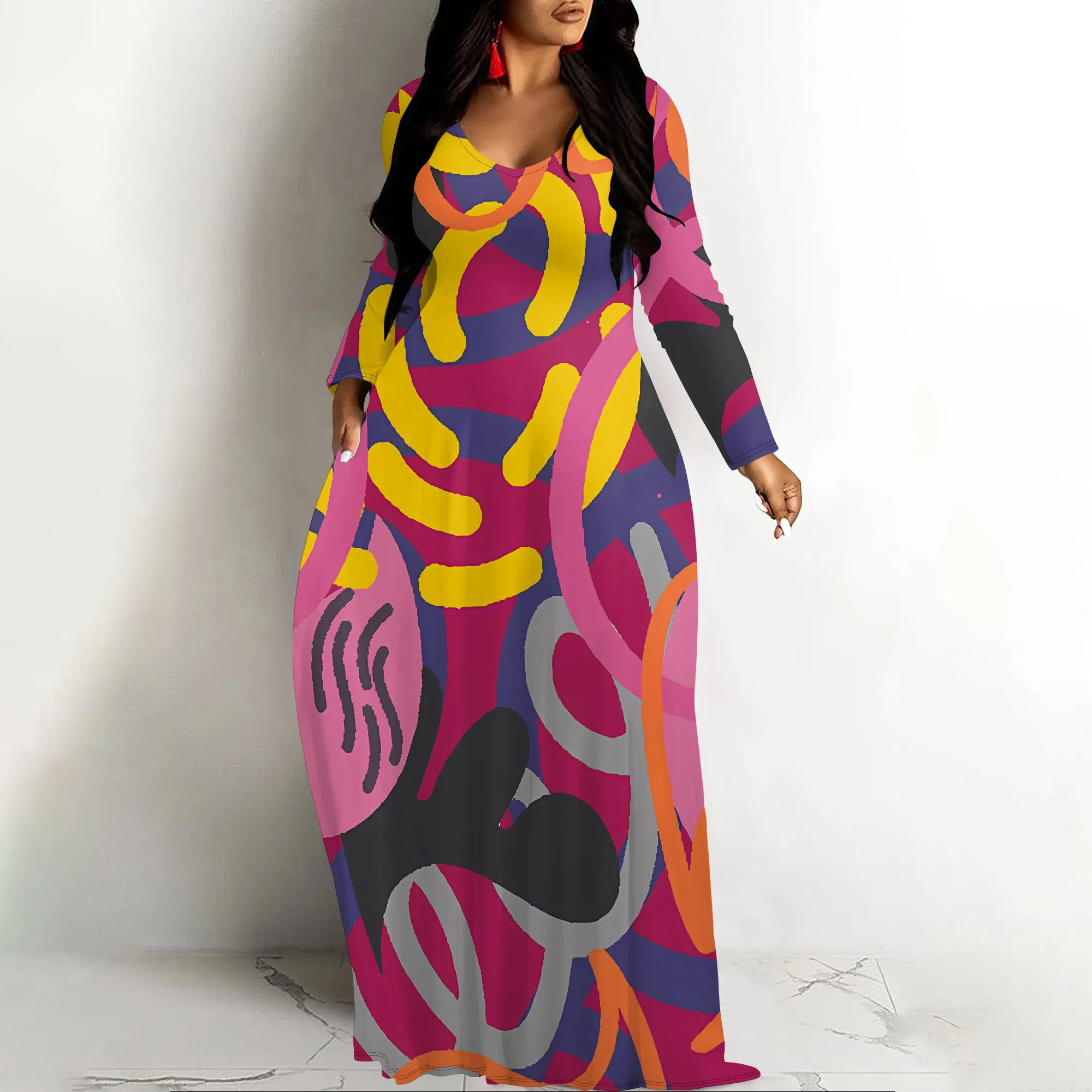 

Women's Solid Green Maxi Dress Long Sleeve Flowy Elegant Fall