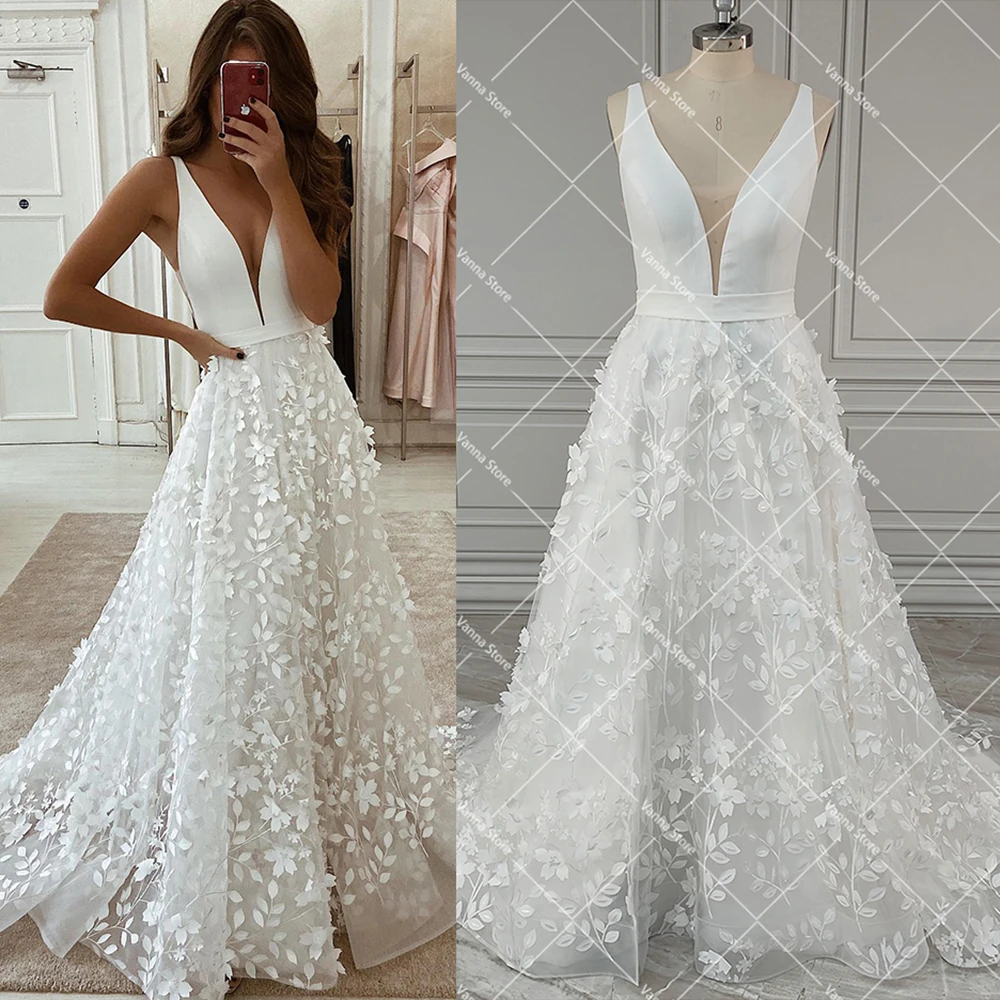 V Neck 3D Lace Belted Wedding Gowns Big Size Custom Made Romantic Leaf Tulle A Line Off White Open Back Knee Split Bridal Dress