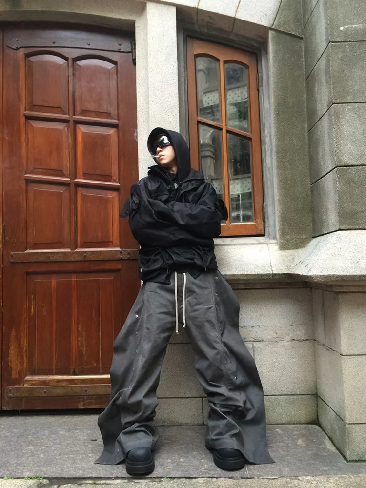 Gewassen oud vuil geverfd profiel dubbele rij knopen grijze rechte wijde pijpen werkkleding denim broek losse heren