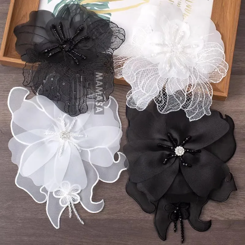 Black and white stereo double mesh sequin flowers handmade pearl diamond double lace wedding accessories