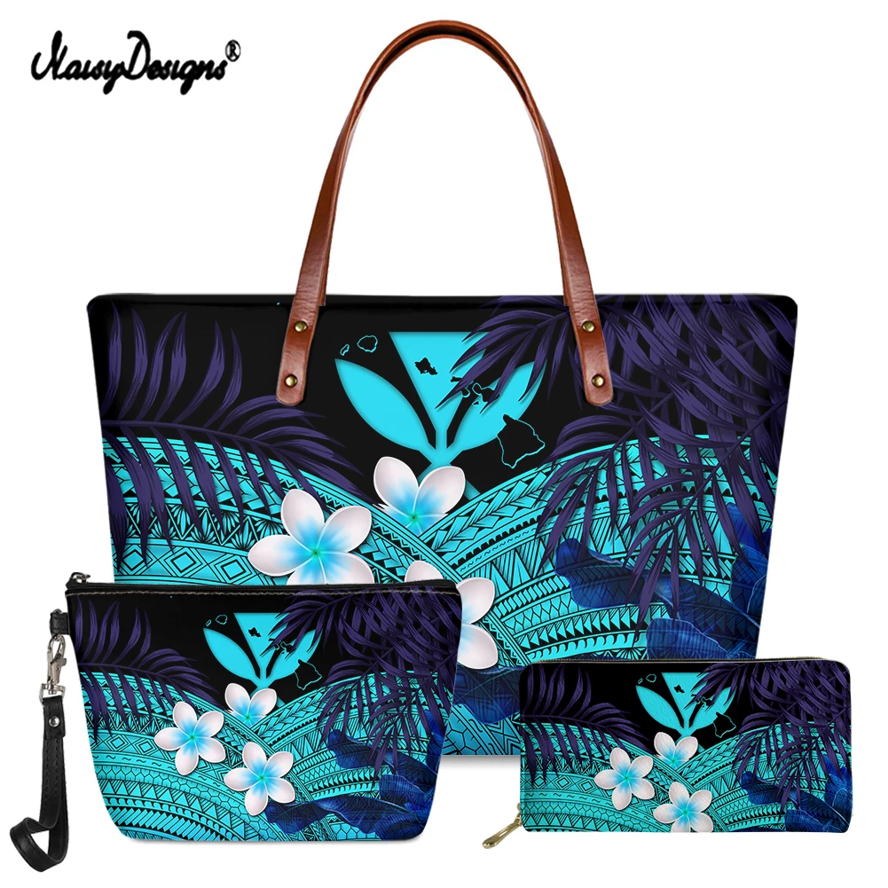 

NOISYDESIGNS 3Pcs/Set Fashion Shoulder Bag for Women Polynesian Plumeria Printed Vintage Luxury Female Handbags Waller Sac Mujer