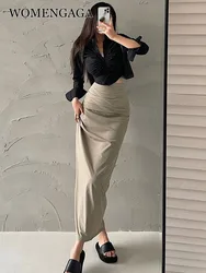 WOMENGAGA Sexy High Waist Slim Pleated Slim Tight Wrap Hip Workwear Skirt Long Skirt Girl Hot Sexy Korean Women Skirts UA4N
