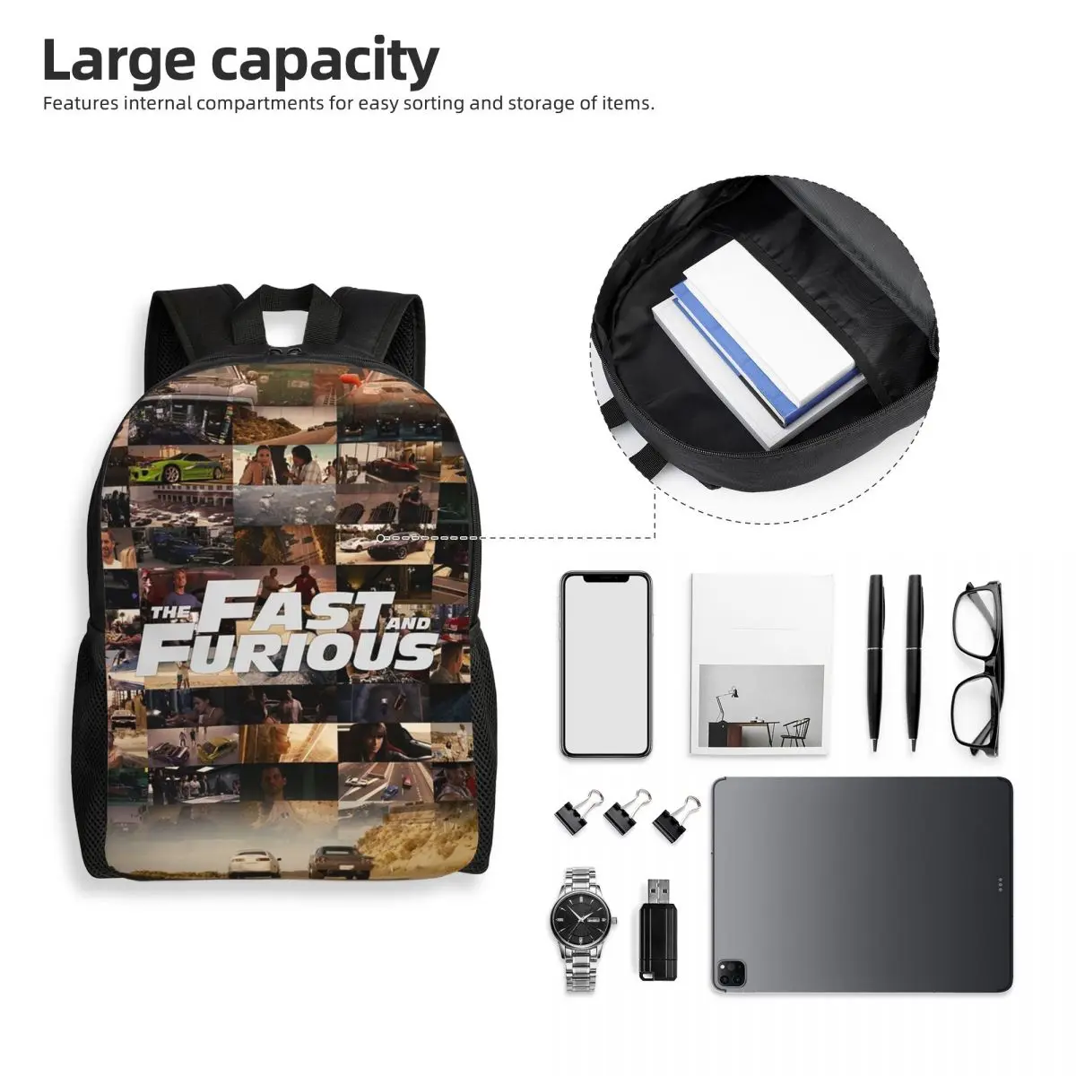 Fast And Furious Legends Tribute Studentenrucksack, Schultasche, Wandern, Reisen, Tagesrucksack für Männer und Frauen, modische Büchertasche, Umhängetaschen