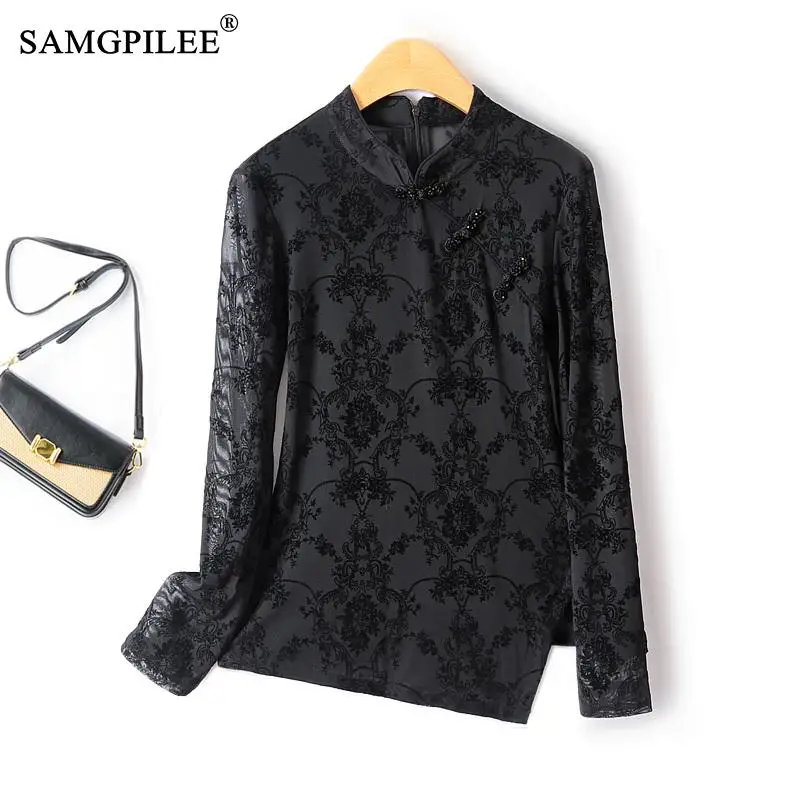 

Retro Chinese Style Cheongsam Collar Plate Button Jacquard Lace Sexy Slim Lace T Shirt For Women Long Sleeved Bottoming Y2k Tops