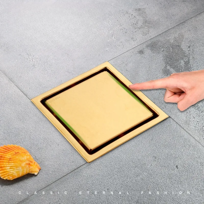 Invisible Square Floor Drain Golden Shower Room Large Drainage Stainless Steel Odor-proof Extended Strip Hidden Floor Drain