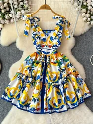 Summer Holiday Floral Short Dress Women Straps Bow Sundress Printed Mini A Line Pleated Vestidos