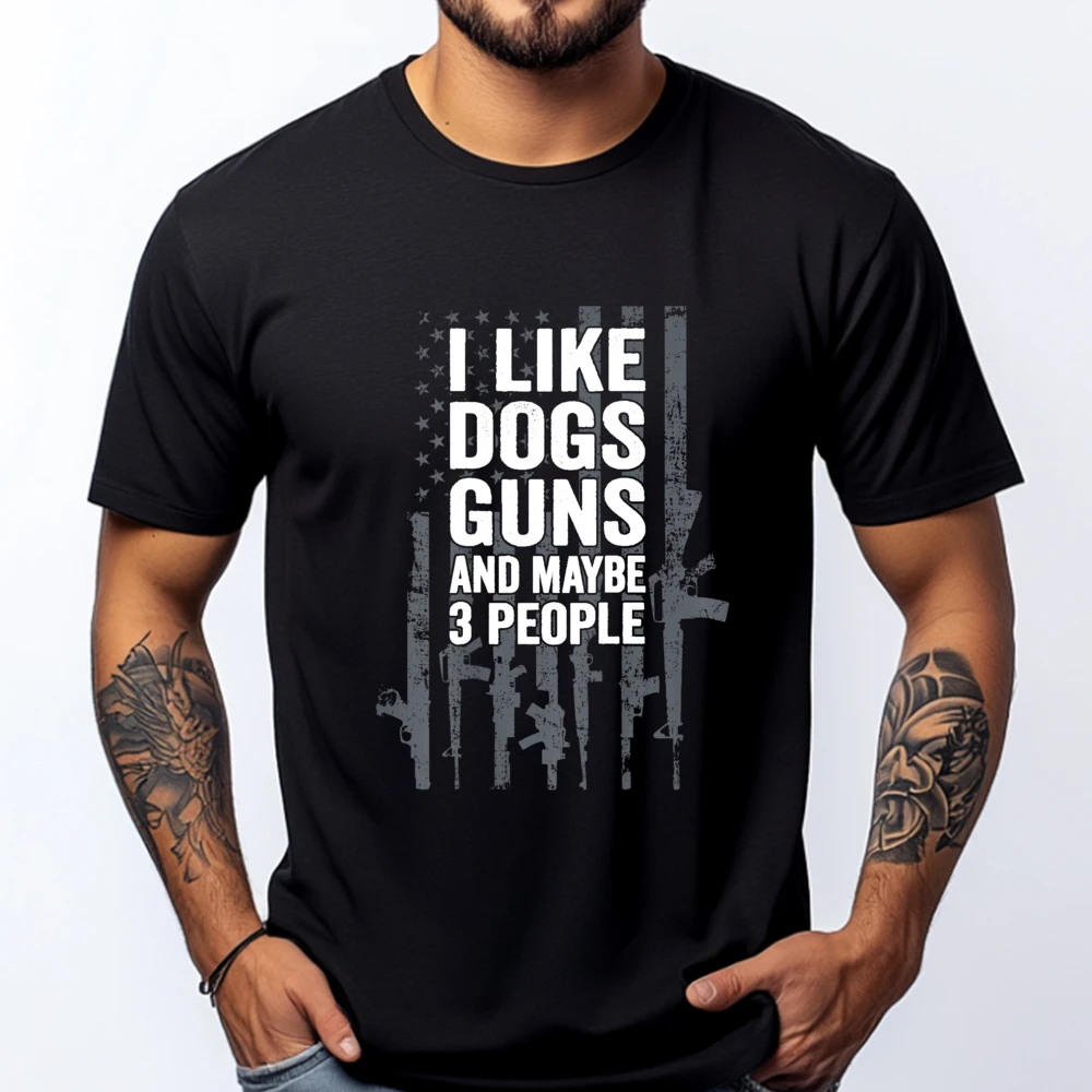 I Like Dogs Guns And Maybe 3-х человек Забавный пистолет ON BACK Мужская одежда Забавные футболки больших размеров