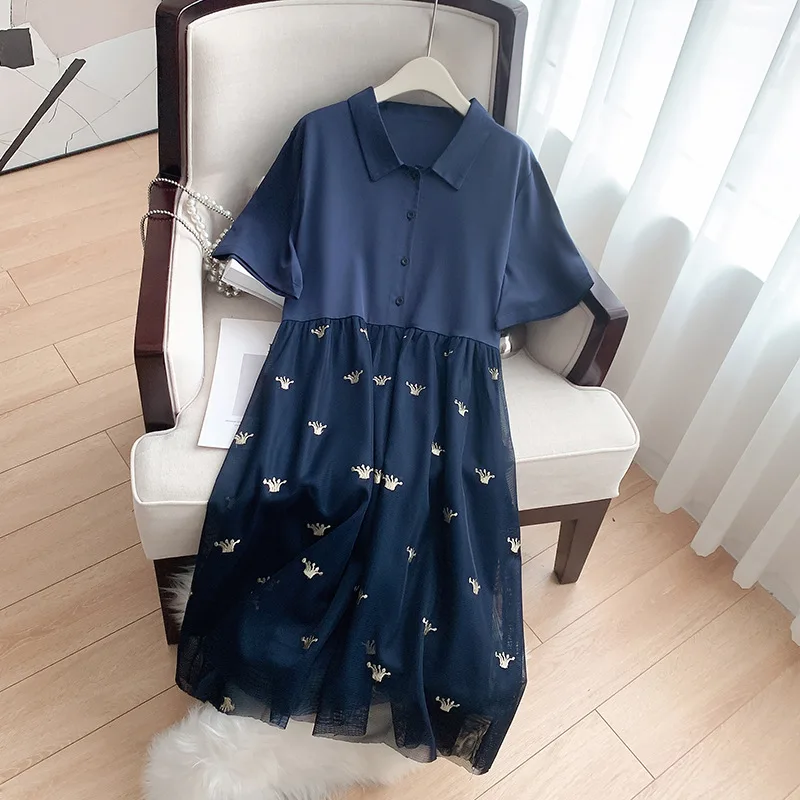 160Kg Plus Size Women\'s Bust 160 Summer Loose Mesh Embroidered Shirt Dress Blue 6XL 7XL 8XL 9XL 10XL