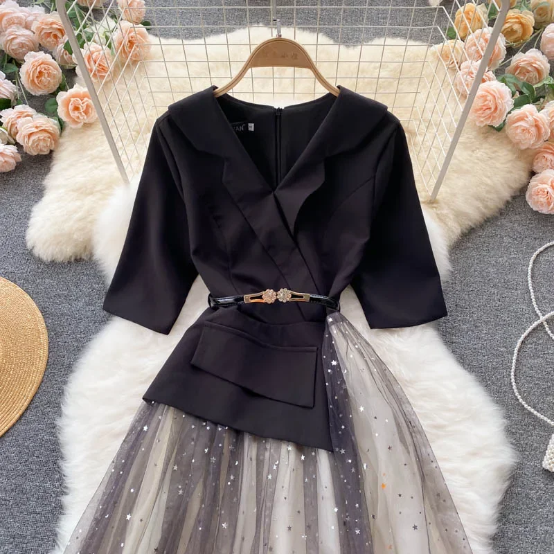 Elegant Half Sleeves Vintage V-neck Chic Spliced Stars Sequin Mesh Slim Fairycore Long Dress Evening High Street Summer Clothing