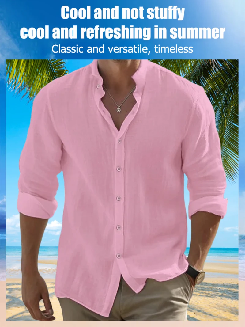 

Мужская повседневная льняная рубашка весна-лето, однотонная однотонная рубашка с воротником-стойкой и длинными рукавами на пуговицах, летняя пляжная повседневная одежда, для отпуска