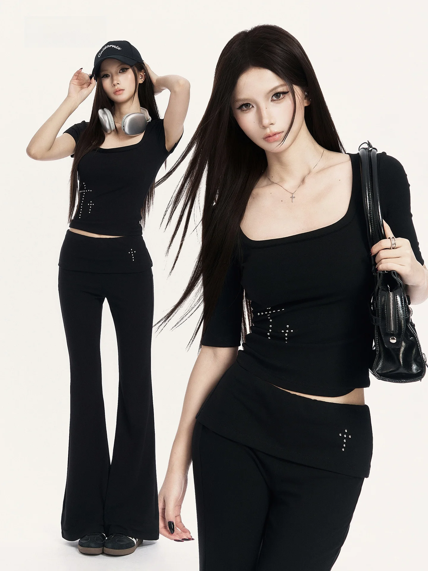 

Удобная футболка VO Comfortable ort Sve с расклешенными брюками, квадратным воротником, эластичной талией, облегающий крой, женская модная коллекция весна